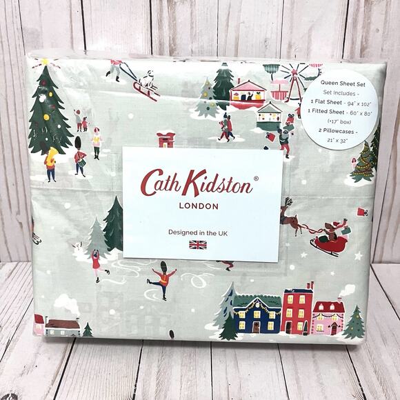 NEW!! Cath Kidston London Snow Day Duckegg Queen Sheet Set Christmas Winter Town - Picture 1 of 7